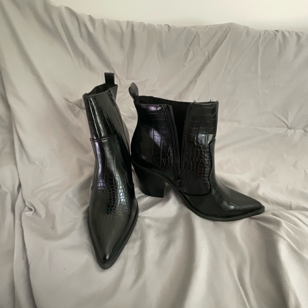 Never Worn Black Croc-Embossed Ankle Boots